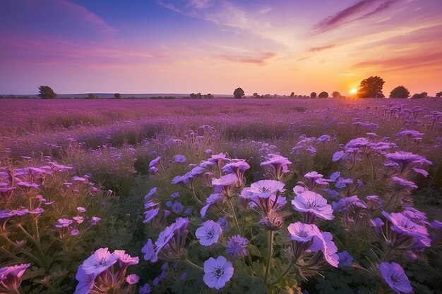 Blühende Phacelia Blüten lila Feld unter den roten Farben der Sommer Sonnenuntergang Landwirtschaft Farm Naturlandschaft