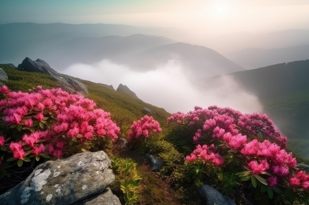 Blühende Rhododendronen in den Bergen über den von KI erzeugten Wolken