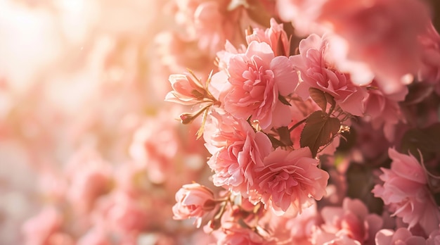 Blühende rosa Rosen kühlen sich im warmen Sonnenlicht