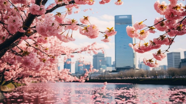 Blühende rosa Sakura-Kirschenbäume vor dem Hintergrund der modernen Großstadt, der modernen Metropole Roma