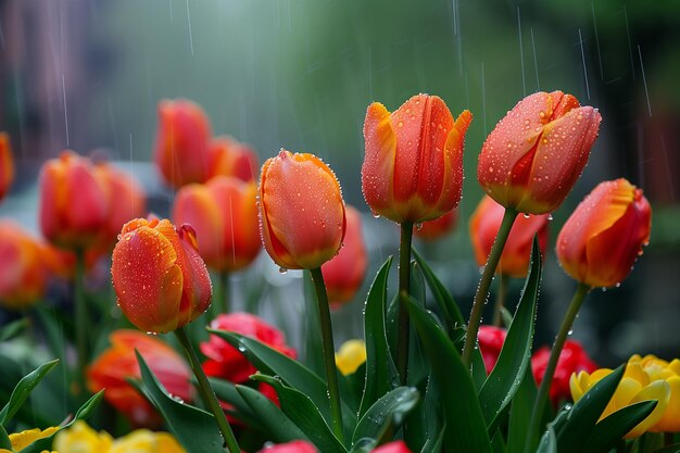 Blühende rote Tulpen im Regen im Garten