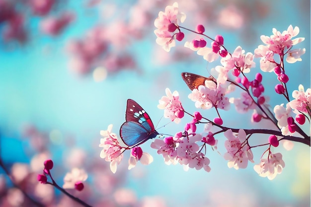 Blühende Sakura und hellblauer Morpho-Schmetterling vor blauem Himmel AI generiert