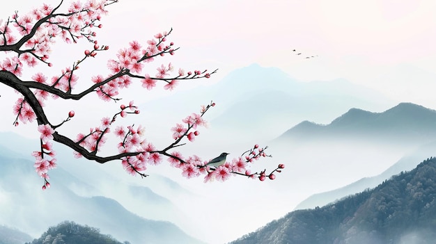 Blühende Sakura-Zweige kleiner Vogel und neblige Berge mit sanften Hängen Generative Ai