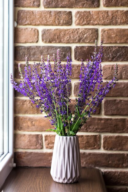 Blühende Salbeiblumen Lila Blumenstrauß am Fenster vor dem Hintergrund einer Ziegelmauer