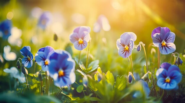 Blühende schöne Stiefmütterchen im Garten Nahaufnahme Natürliches Sommerbanner mit Stiefmütterchen Generative KI-Illustration