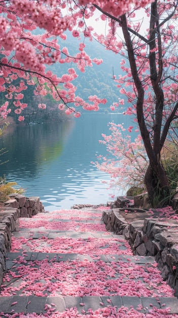 Blühende Schönheit bezaubernde Kirschbäume in voller Blüte malen die Landschaft mit lebendigen Farben von Rosa und Weiß und schaffen eine atemberaubende Darstellung von natürlicher Eleganz und Frühlingscharme