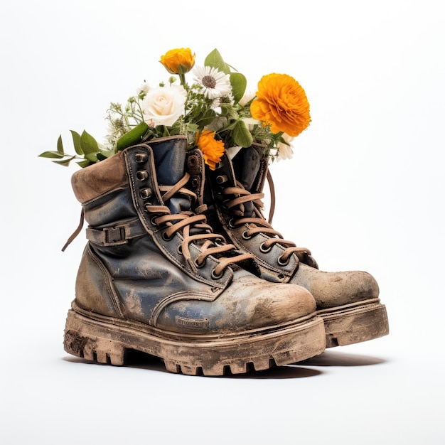 Blühende Schuharbeiterstiefel mit blumigen Köstlichkeiten auf einer weißen Leinwand