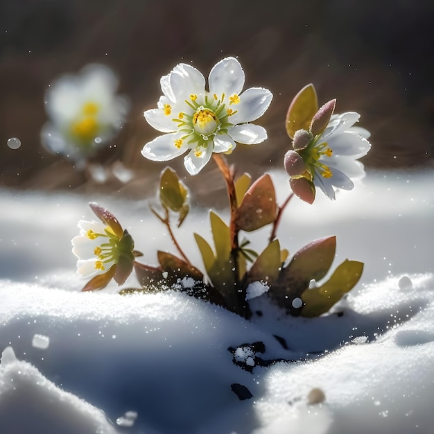 Blühende weiße Blumen im Schnee