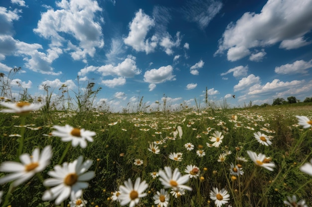 Blühende Wiesenmargueriten und tanzende Schmetterlinge generative IA