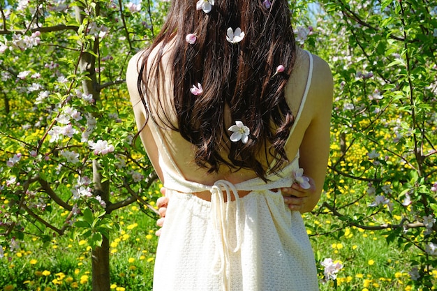 Blühender Apfelgarten im Frühjahr Schönes Mädchen mit braunen Haaren in einem blühenden Apfelgarten mit weißen Blumen in der Nähe