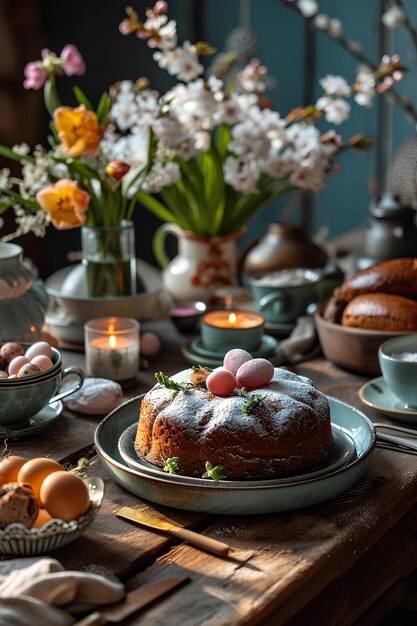 Blühender Brunch Eleganter Osterdekor mit frischem Obst und dekadentem Kuchen