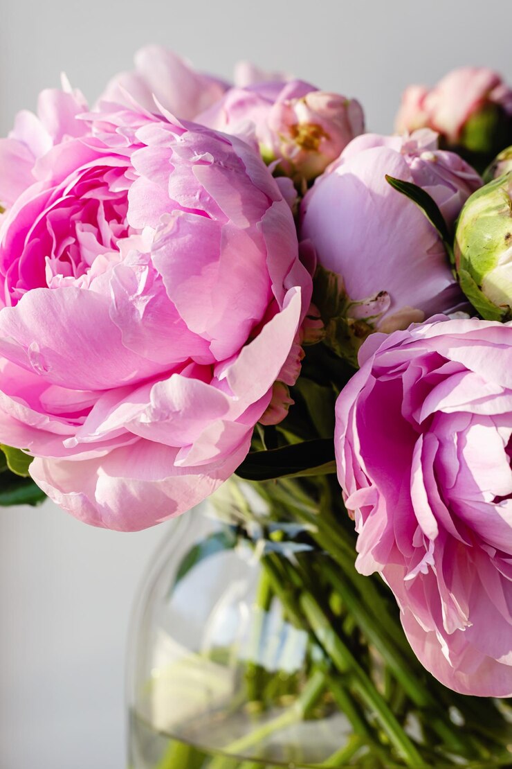 Foto blühender, flauschiger, weißrosa pfingstrosenblumenstrauß auf elegantem, minimal pastellgrauem hintergrund kreative minimale blumenkomposition atemberaubende botanische tapete oder lebendige grußkarte