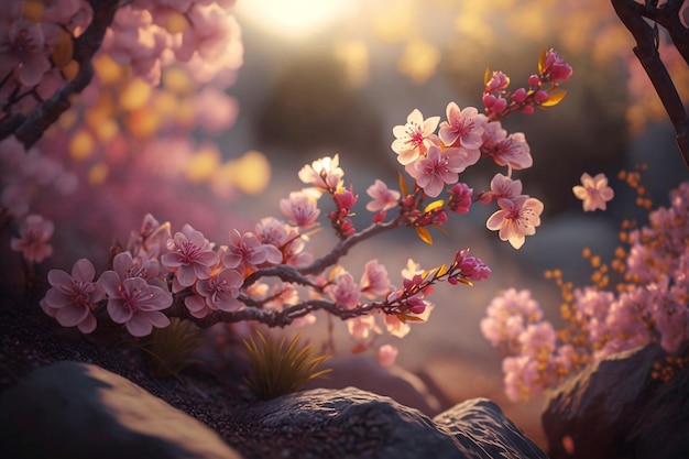 Blühender Kirschbaum mit rosa Blüten im sanften Sonnenlicht