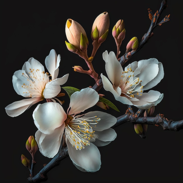 Blühender Mandelzweig isoliert auf schwarz closeup Schöne Frühlingsblume Hintergrund schön