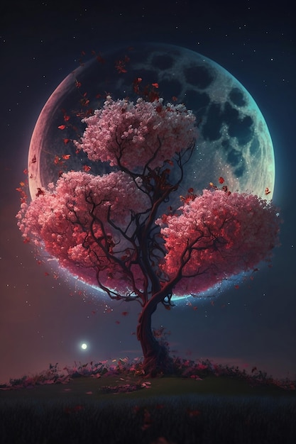 Blühender Sakura-Baum nachts mit Vollmond