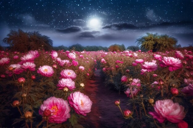 Blühendes Feld rosa Pfingstrosen in der Vollmondnacht