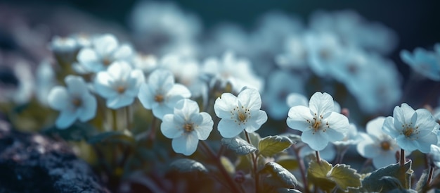 Blüht Primeln auf einem wunderschönen blauen Hintergrund, Makro-AI-generiertes Bild