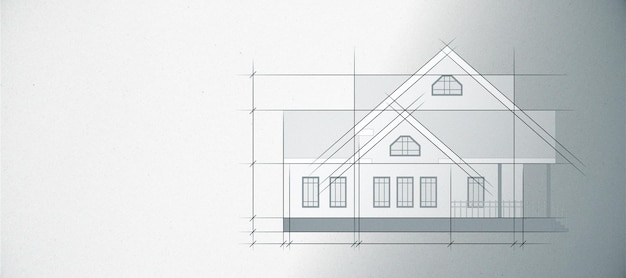 Blueprint de projeto de casa criativa em fundo branco com modelo de local Construção e conceito de plano Renderização 3D