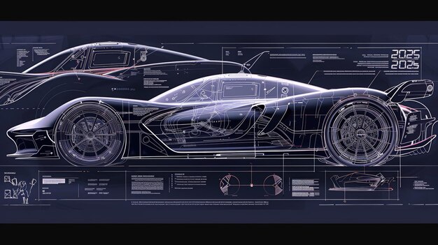 Foto blueprint-stil-illustration eines futuristischen autos und eines hubschraubers das bild zeigt technische entwürfe