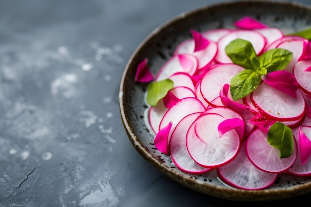 Foto blüten auf dem teller farmcore rettich rose garnish fügt kulinarischen charme hinzu