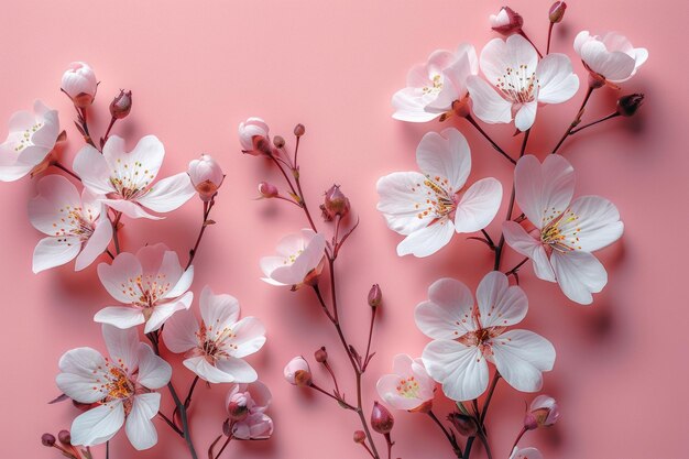 Blütenkomposition Kirschblüten auf rosa Hintergrund Flachlagung oberster Ansicht Kopierraum