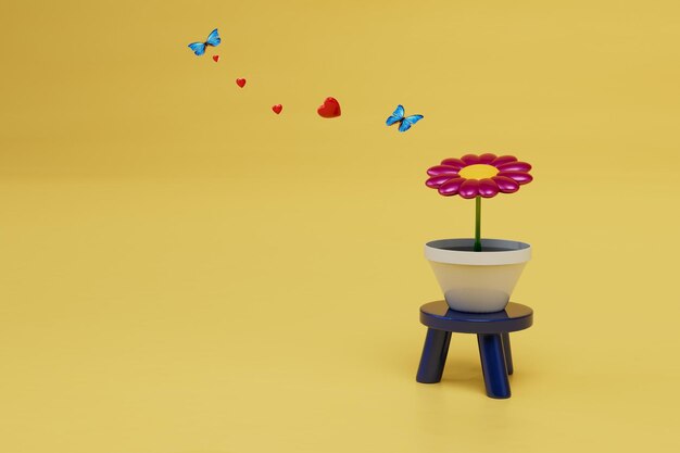 Blume als Manifestation der Liebe eine Blume in einem Topf, neben der Herzen und Schmetterlinge fliegen 3D-Rendering