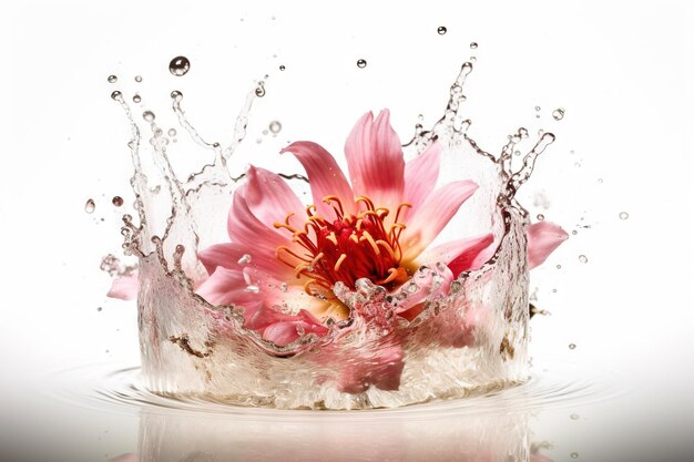 Blume im Spritzwasser. Blumiges Frischekonzept mit Wassertropfen für kosmetische Feuchtigkeit und Selfcare-Verpackung. Generierte KI