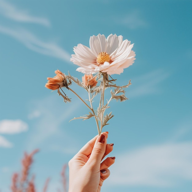 Blume in der Hand gegen den Himmel gehalten