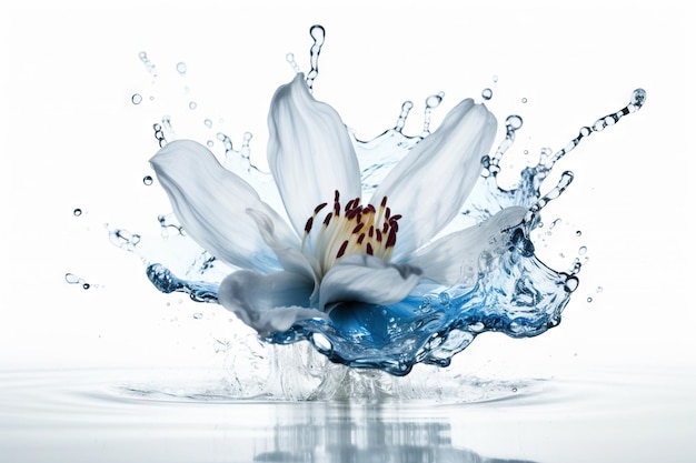 Blume in spritzendem Wasser Blumenfrische-Konzept mit Wassertropfen für kosmetische Feuchtigkeits- und Selbstpflegeverpackungen Generierte KI