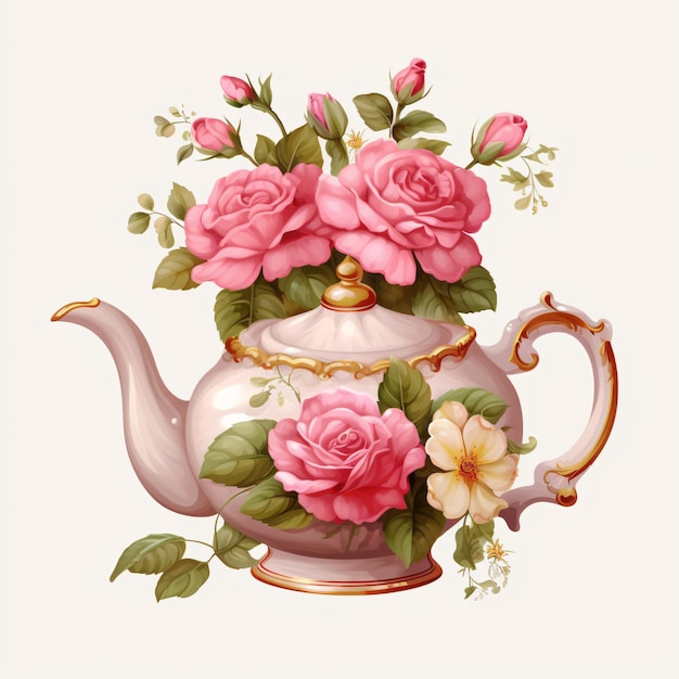Blume Nachmittag Teepott Clipart isoliert auf weißem Hintergrund