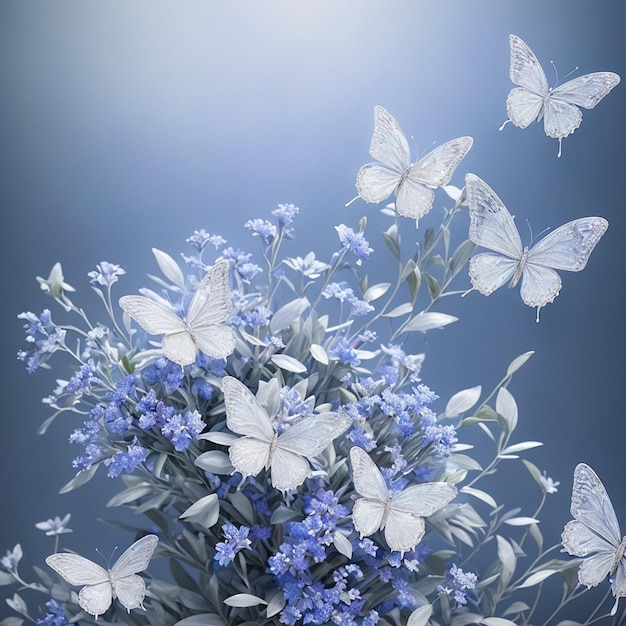 Blume realistischer nahtloser Schmetterling abstraktes Muster blumiger zufälliger Hintergrund blau weiß