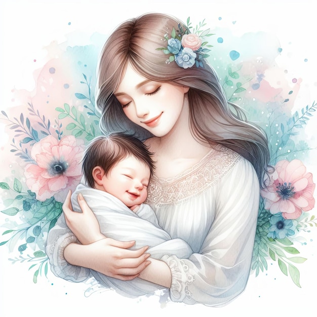 Blumen Aquarellmalerei einer Frau mit einem Baby