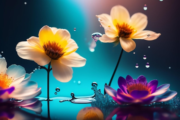 Blumen auf blauem Hintergrund mit Wassertropfen