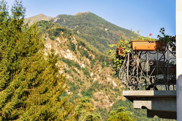 Blumen auf den Balkonen im Feriendorf Zermatt in der Schweiz im Sommer