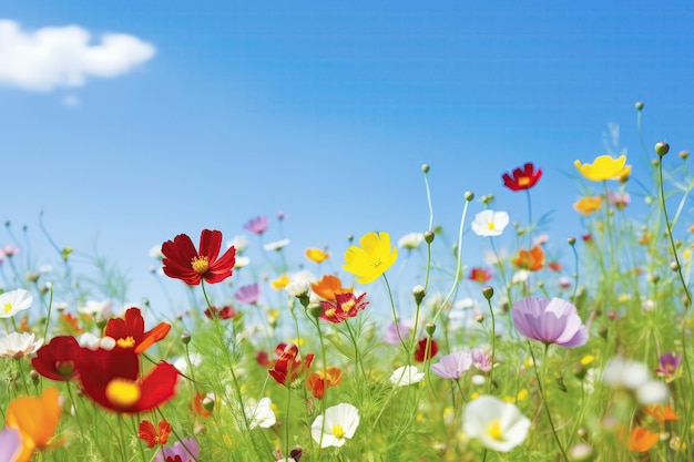 Blumen auf der Wiese in der Sommernatur gegen blauen Himmel Generative KI