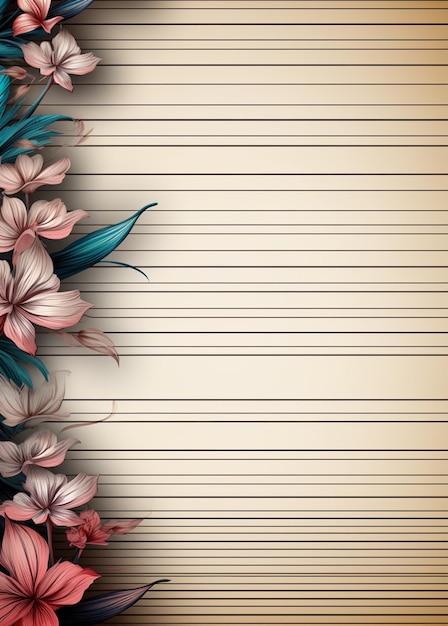 Blumen auf einem hölzernen Hintergrund mit einem Blatt Papier