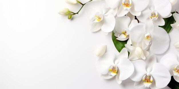 Blumen auf einem weißen Orchidee-Zweig auf weißem Hintergrund Platz für Text oder Produkt Generative KI