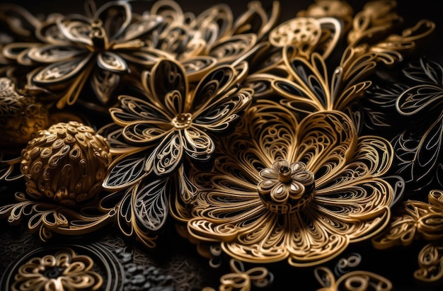 Blumen aus Papier Quilling Craft Technik Schwarz und Gold abstrakte Hintergrundlinien Erstellt mit Generativer KI-Technologie