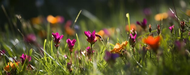 Blumen im grünen Gras auf einer sonnigen Wiese. Banner mit KI-generierten Inhalten