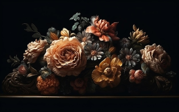 Blumen im Vintage-Stil auf schwarzem Hintergrund Generative AI