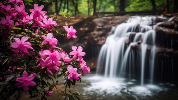 Blumen im Wald fließen auf dem rosa Wasserfall Generative Ai