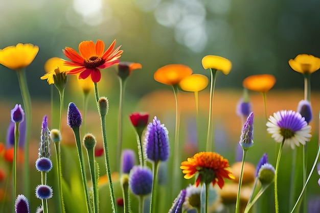 Blumen in der Sonne, die Sonne scheint durch den Hintergrund.