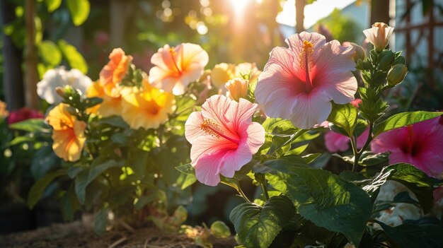 Blumen in einem Garten bei Sonnenuntergang