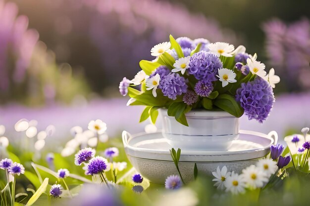 Blumen in einem Garten mit einer Teetasse und einer Teetasse