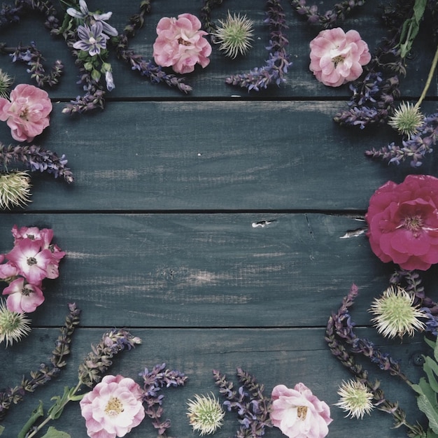 Blumen in einem Kreis auf einem hölzernen Hintergrund Postkarte für den Urlaub Rosen, Geranien, Lavendel, Salbei und behaarte Kastanien werden an den Rändern auf dunklen Brettern platziert