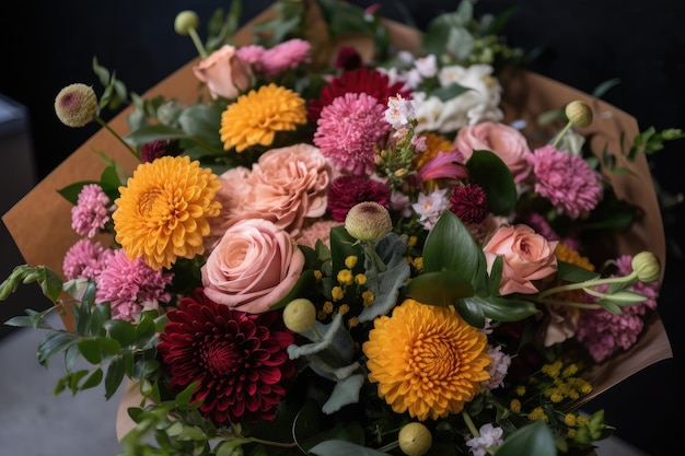 Blumen in einem schönen Blumenstrauß arrangiert, bereit zur Lieferung, erstellt mit generativer KI