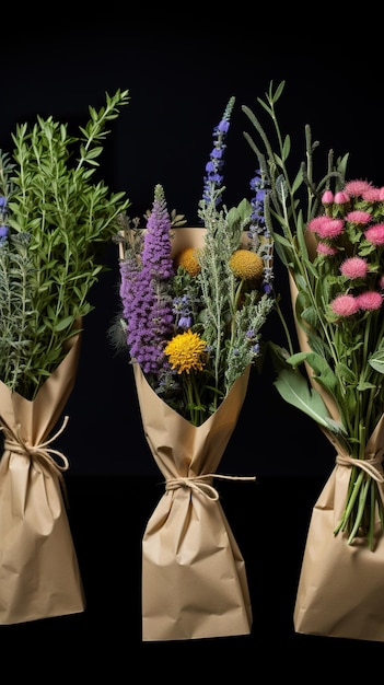 Blumen in Kraftverpackungen auf schwarzem Hintergrund