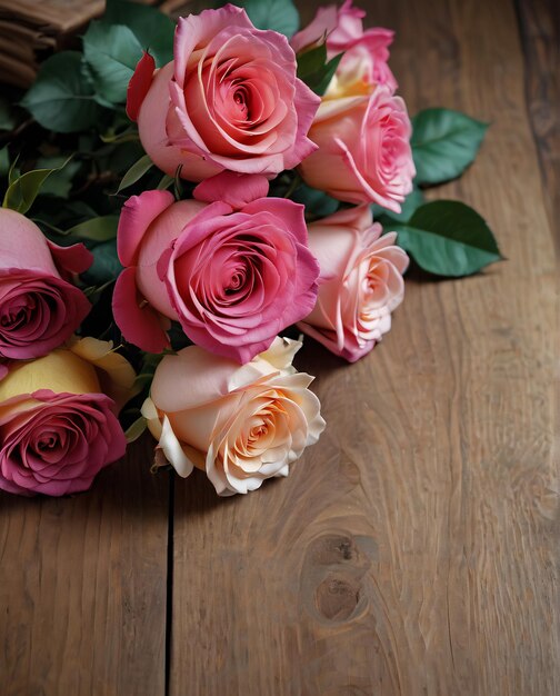 Blumen-Karten-Rosen auf hölzernem Hintergrund
