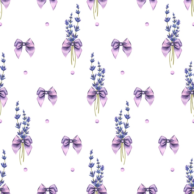Blumen Lavendelzweige mit Schleifen auf weißem Hintergrund Aquarellillustration Nahtloses Muster aus der LAVENDER SPA-Kollektion Zur Dekoration und Gestaltung von Stofftapetenverpackungen