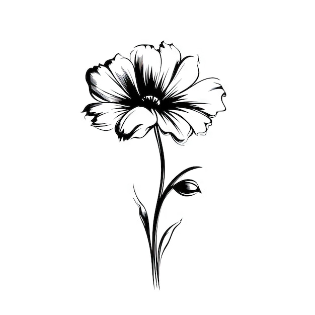 Blumen-Monochrom-Skizze KI-generative Illustration Blühende Gartenpflanze Bleistift handgezeichnetes Bild auf weißem Hintergrund Offene Knospenblätter